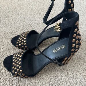 MICHAEL Michael Kors Black Suede Studded Ankle-Strap Heels with Gold Accents